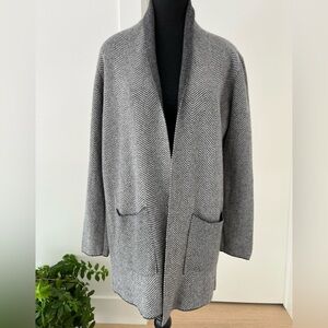 BENEDETTA B Open Front Long Cardigan Herringbone Pattern Wool Blend Neutral Cozy